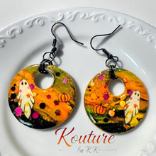 Load image into Gallery viewer, Halloween Ghost & Pumpkin Resin Earrings – Handmade Dangle Earrings