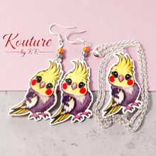 Load image into Gallery viewer, Cockatiel Acrylic Jewelry | Hanging Earrings, Post Earrings & Necklace
