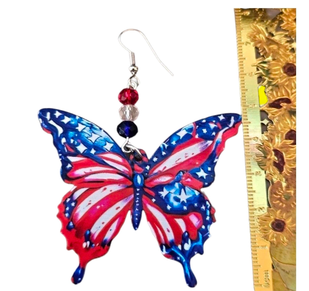 Patriotic Butterfly Earrings – Acrylic & Resin with Crystal Beads