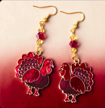 Load image into Gallery viewer, Thanksgiving Turkey Dangle Earrings – Red Enamel with Crystal Beads | Kouture by KK