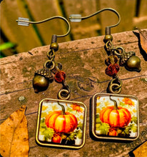 Load image into Gallery viewer, Harvest Pumpkin Earrings – Antique Bronze Fall Dangle Earrings with Acorn Charm