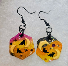Load image into Gallery viewer, Halloween Black Cat & Moon Polymer Clay Earrings – Handmade Dangle Earrings