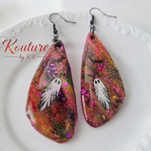 Load image into Gallery viewer, Halloween Ghost, Black Bat & Spider web Earrings with Black Hooks. One of a Kind