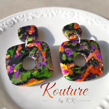 Load image into Gallery viewer, Halloween Polymer Clay Earrings | Purple Gold Foil Sculpted Dangle Studs | Handmade Artisan Earrings | Kouture by KK Signature Collection