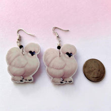 Load image into Gallery viewer, Silkie Chicken Acrylic Dangle Earrings with Sterling Silver Hooks & Crystal Beads
