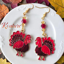 Load image into Gallery viewer, Thanksgiving Turkey Dangle Earrings – Red Enamel with Crystal Beads | Kouture by KK