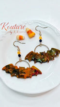 Load image into Gallery viewer, Halloween Bat Earrings – Handmade Polymer Clay Black & Orange | Kouture by KK