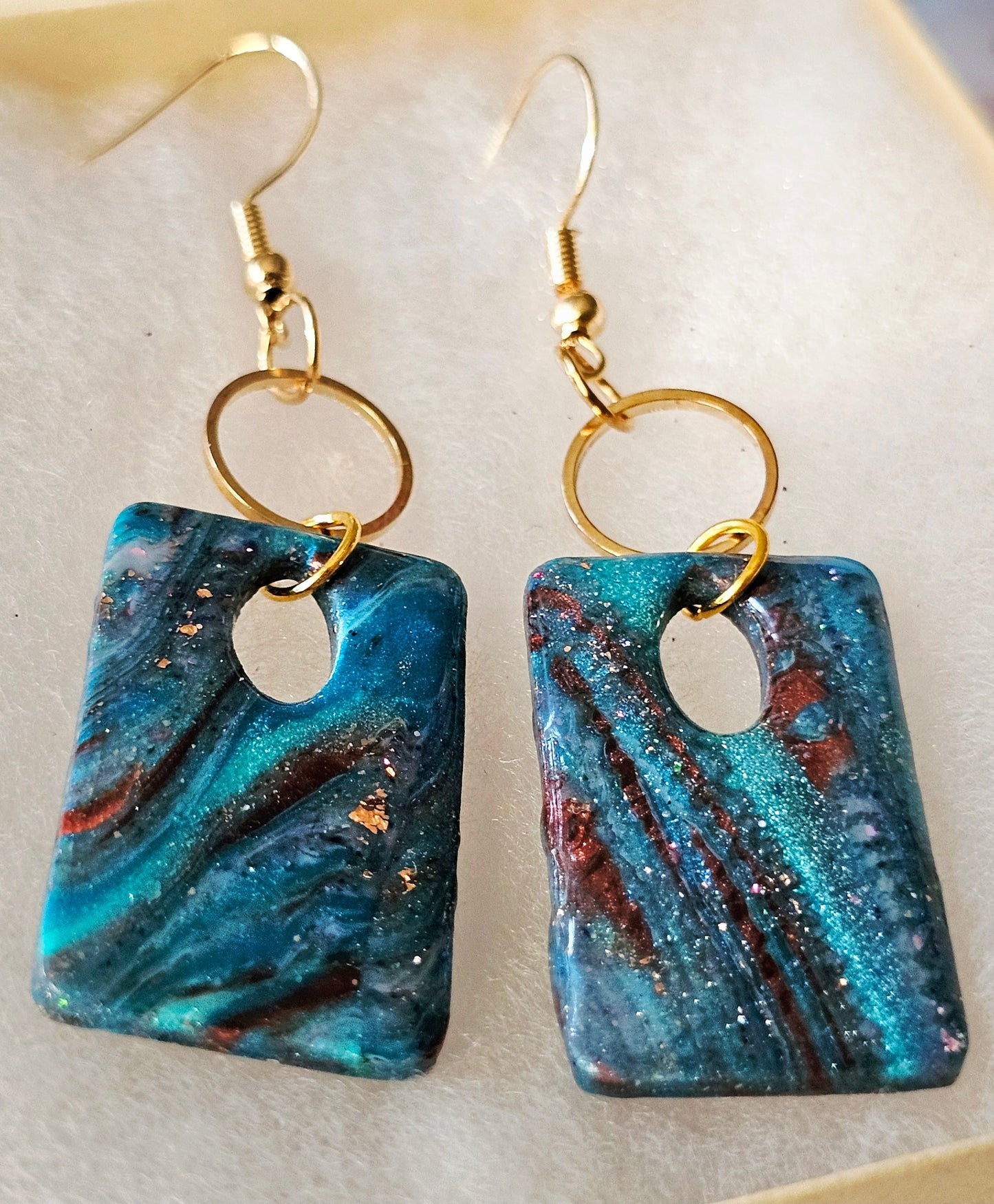 Blue Copper Foil Wave Rectangle Drop Earrings — Signature Sculpted Collection