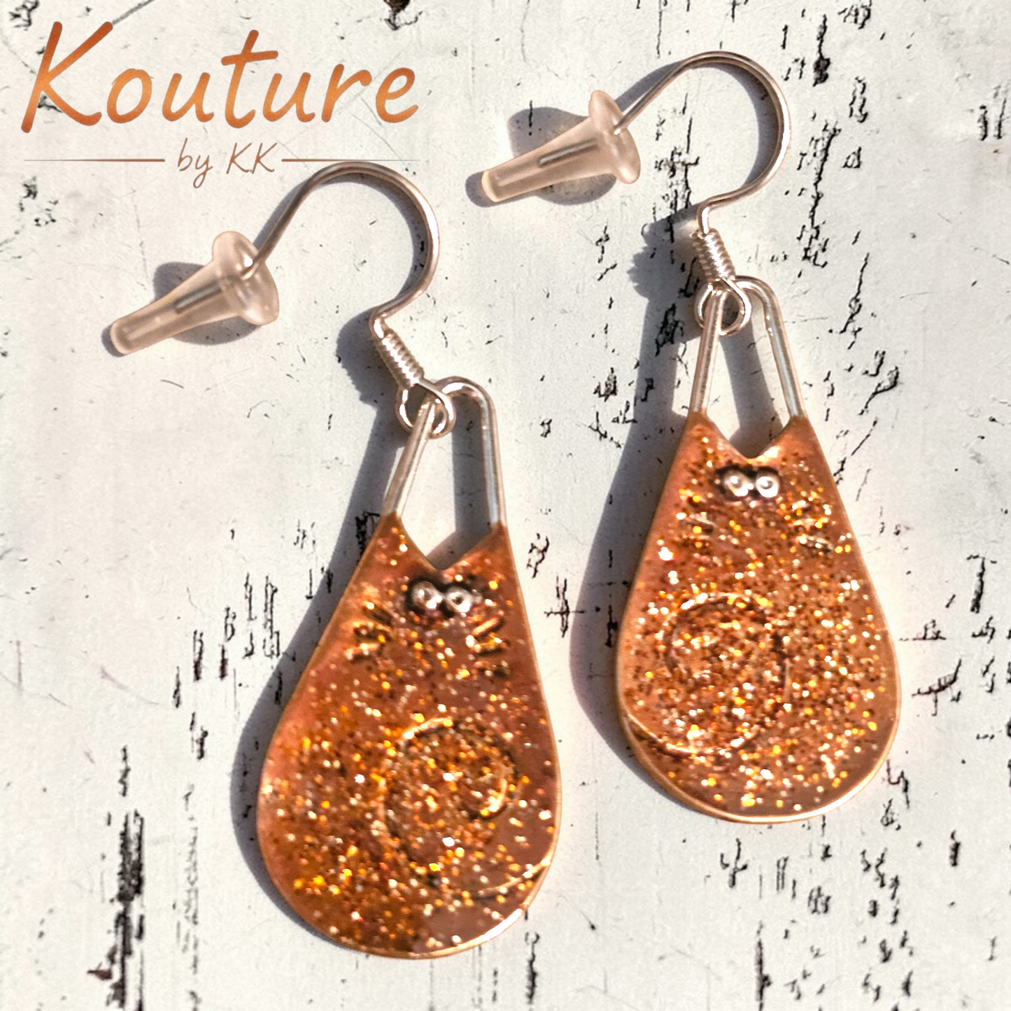 Copper Glitter Cat Earrings | Sparkly Resin Kitten Jewelry