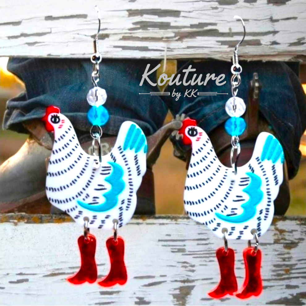 White Chicken Earrings with Blue Accents and Red Boots – Acrylic Farm Dangles
