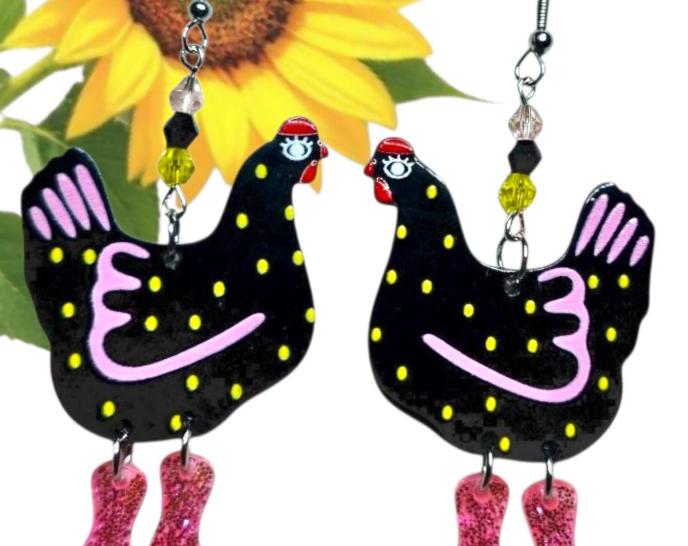 Black Chicken Earrings with Pink Boots – Funny Acrylic Farm Dangles