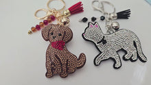 Load and play video in Gallery viewer, Rhinestone Dog &amp; Cat Keychains — with Tassel &amp; Crystal Beads. Dog &amp; Cat Bag and Tote Charm
