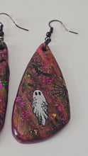Load and play video in Gallery viewer, Halloween Ghost, Black Bat &amp; Spider web Earrings with Black Hooks. One of a Kind
