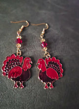 Load and play video in Gallery viewer, Thanksgiving Turkey Dangle Earrings – Red Enamel with Crystal Beads | Kouture by KK
