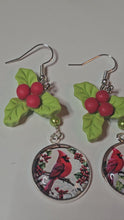 Load and play video in Gallery viewer, Christmas Cardinal Earrings – Holly &amp; Glass Dome Dangle Sterling SilverHooks| Kouture by KK
