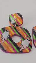 Load and play video in Gallery viewer, Colorful Spooky Striped Halloween Ghost Polymer Clay Post Dangle Earrings
