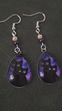 Load and play video in Gallery viewer, Black Cat Galaxy Dangle Earrings – Glass Dome Teardrop &amp; Beaded | Kouture by KK

