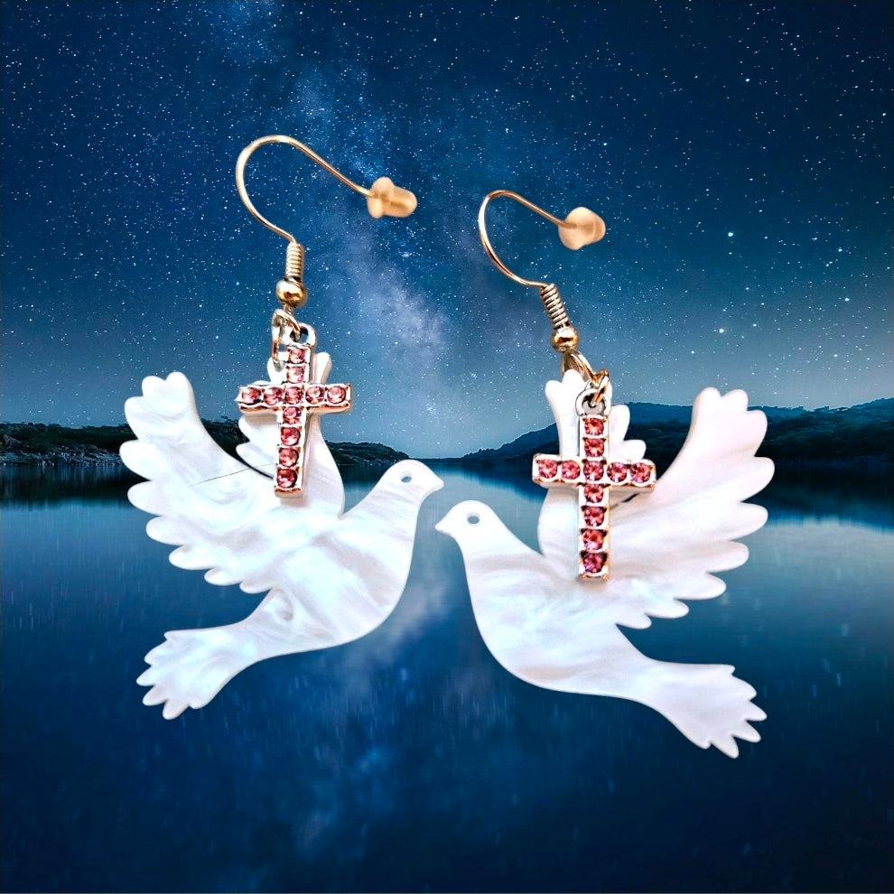 Handmade Dove with Pink Cross Earrings - Faith Jewelry for Women, Lightweight Christian Gift, Religious Dangle Earrings (Copy)