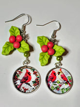 Load image into Gallery viewer, Christmas Cardinal Earrings – Holly &amp; Glass Dome Dangle Sterling SilverHooks| Kouture by KK
