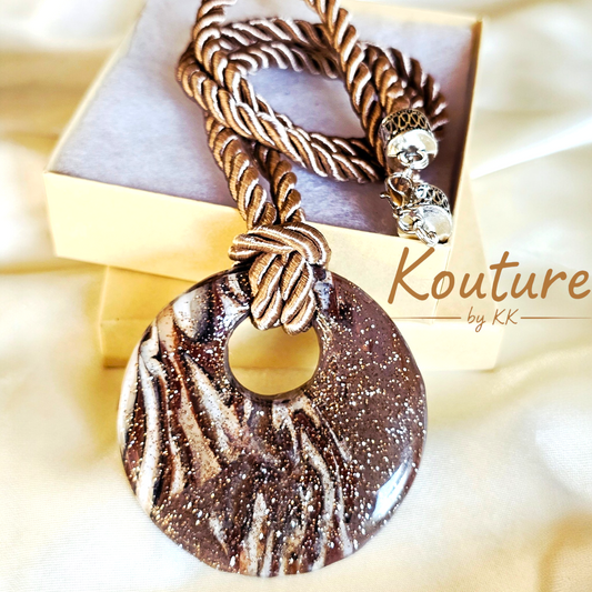 Wild Stripe Signature Necklace – Hand-Sculpted Polymer Clay Donut Pendant with Gold Dust & Bronze Silk Rope | One of a Kind