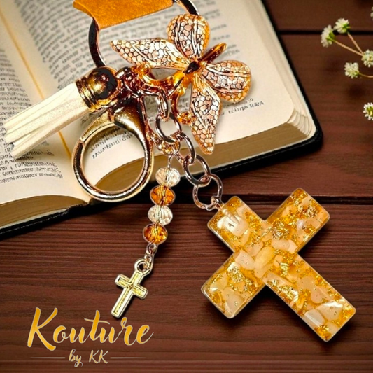 Faith Cross Keychain - Handcrafted with Gold Leaf & Crystal Beads