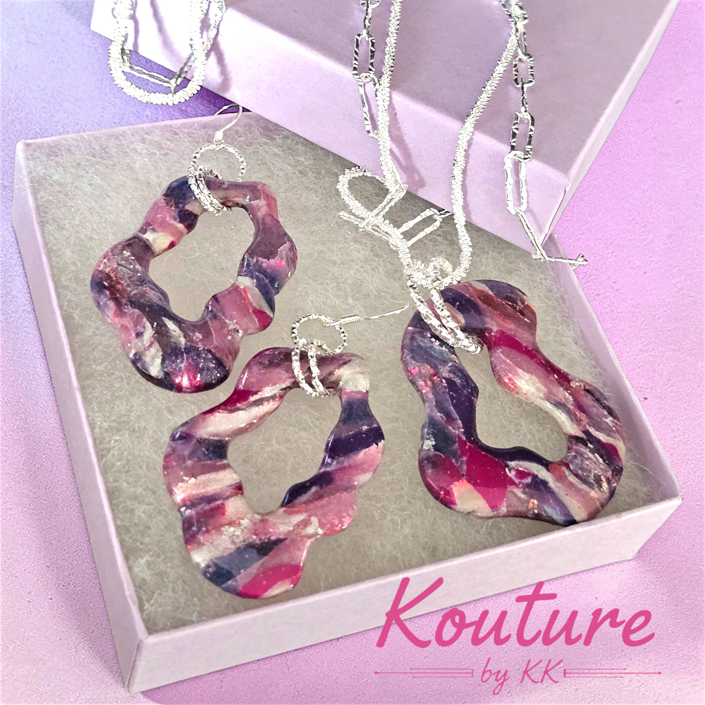 Purple Galaxy Wave Set – Hand-Sculpted Polymer Clay Double Necklace & Earrings with Silver Foil | One of a Kind Artisan Jewelry