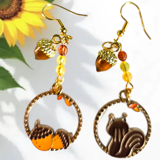 Squirrel and Acorn Fall Earrings – Woodland Animal Jewelry with Beads
