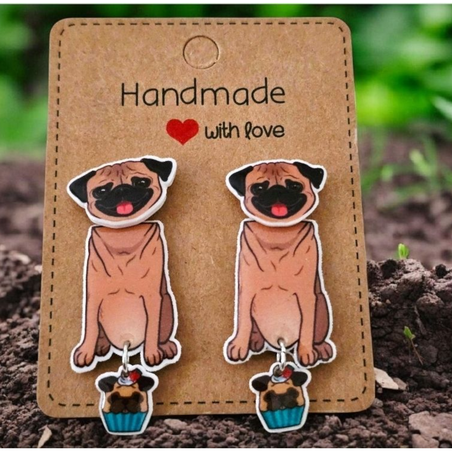 Pug Dog Earrings: Dangling Tail Pug Cupcake Dog Post Earrings