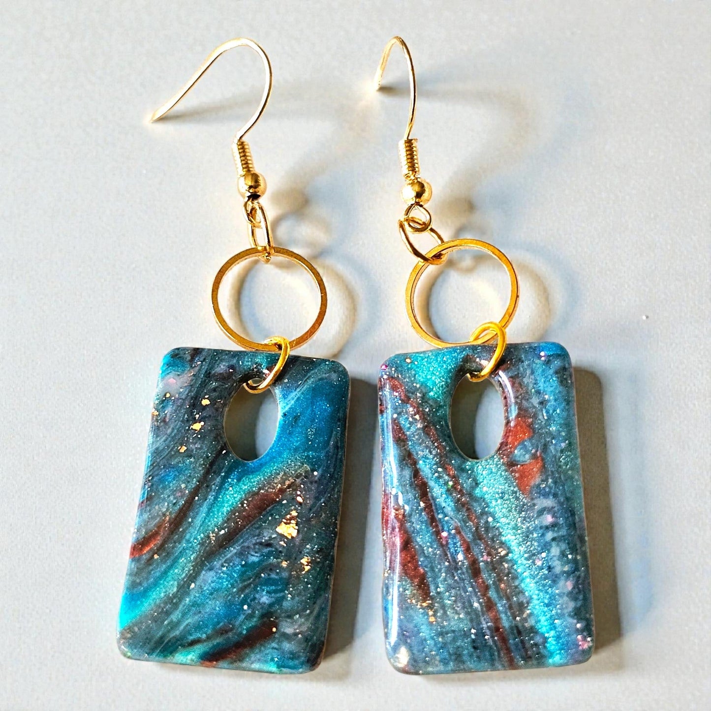 Blue Copper Foil Wave Rectangle Drop Earrings — Signature Sculpted Collection