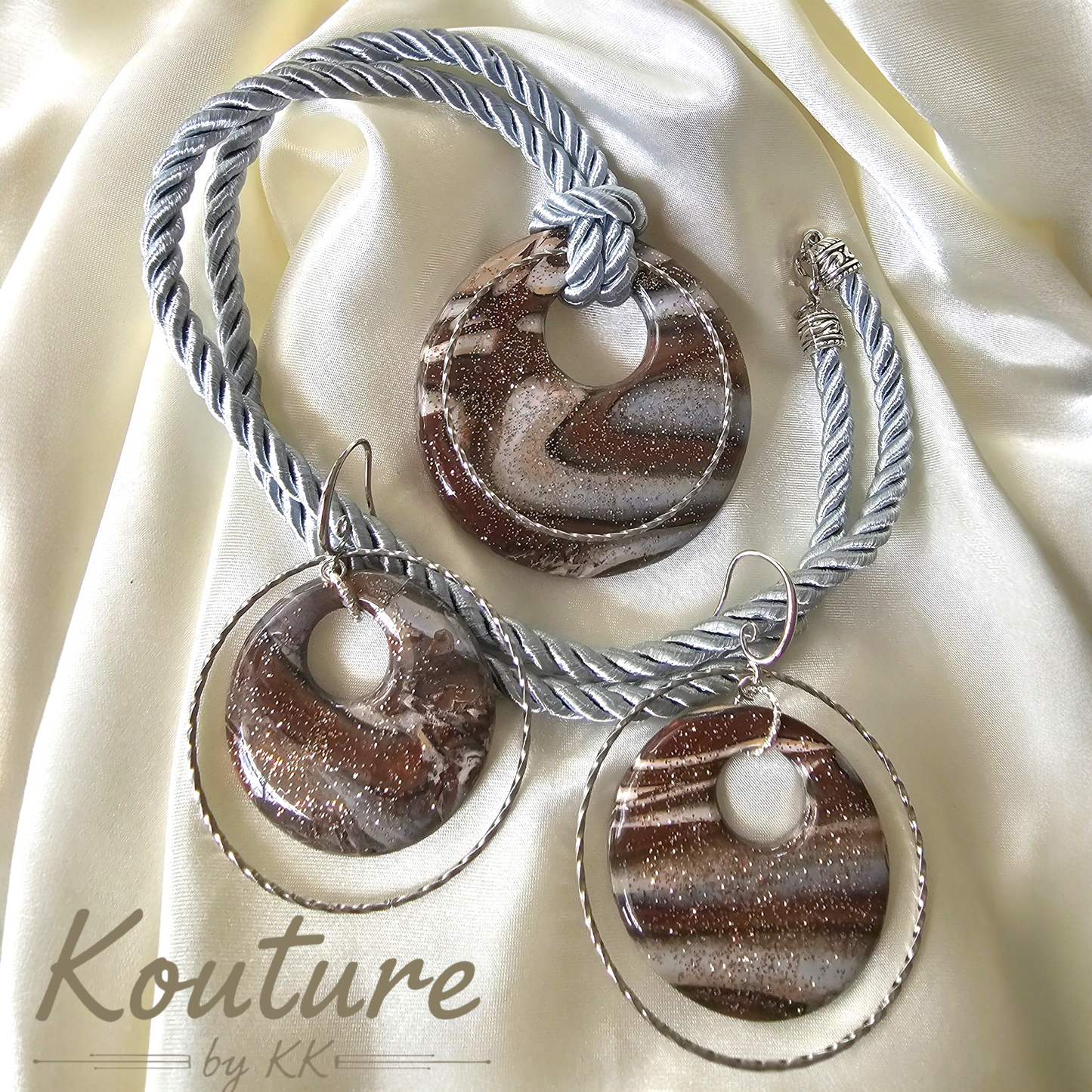 Smoky Donut Signature Set – Hand-Sculpted Polymer Clay Necklace & Earrings with Silver Gold Leaf | One of a Kind