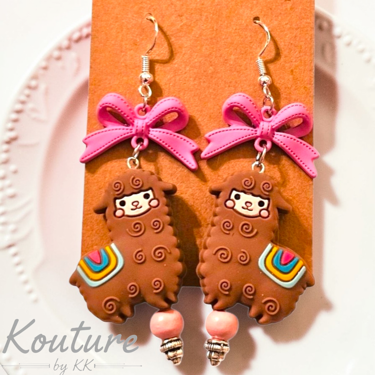 Brown Llama Alpaca Earrings - Folk Art with Rainbow Blanket, Pink Bow & Pink Bead, Sterling Silver Hooks