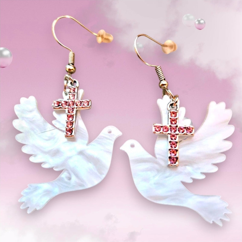 Handmade Dove with Pink Cross Earrings - Faith Jewelry for Women, Lightweight Christian Gift, Religious Dangle Earrings (Copy)