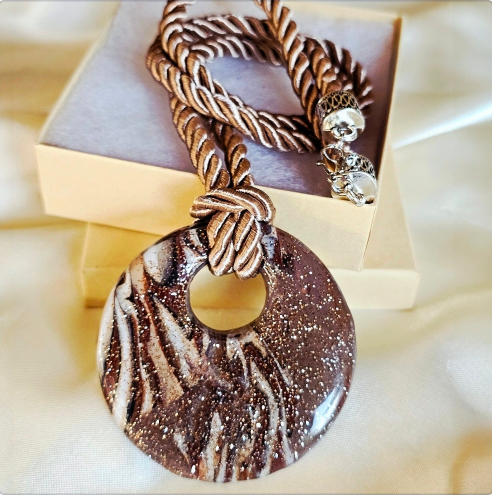 Wild Stripe Signature Necklace – Hand-Sculpted Polymer Clay Donut Pendant with Gold Dust & Bronze Silk Rope | One of a Kind