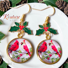 Load image into Gallery viewer, Christmas Cardinal Holly Dangle Earrings – Glass Dome &amp; Enamel Holly Charm | Kouture by KK
