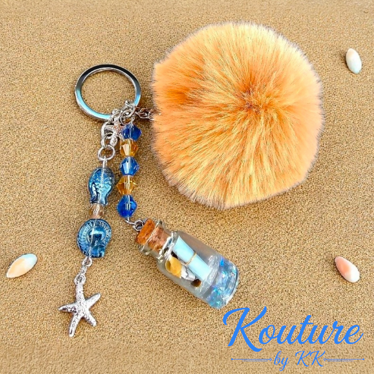 Beach Keychain: Starfish, Glass Bottle with Shell Beads & Pom Pom