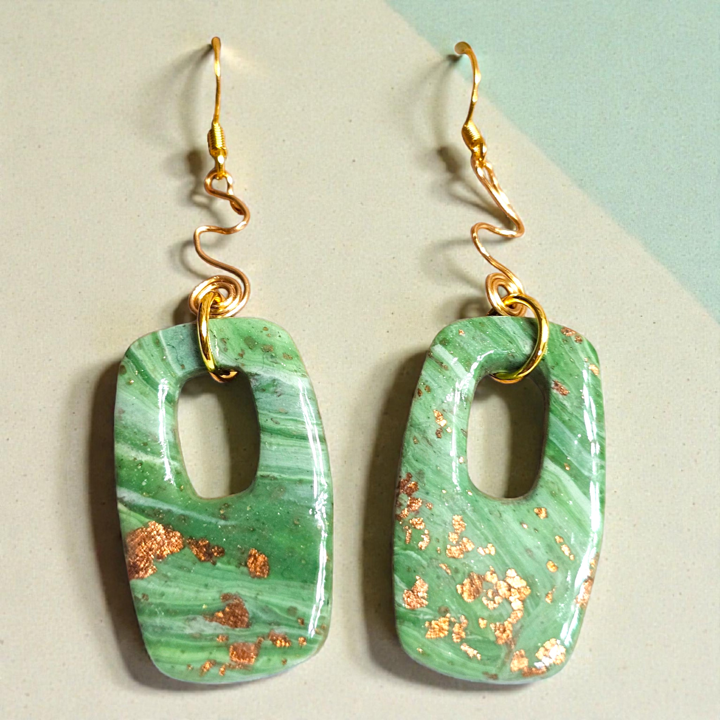 Olive Green Rectangular Statement Earrings with Gold Leaf – Signature Sculpted Polymer Clay with Cutout Design