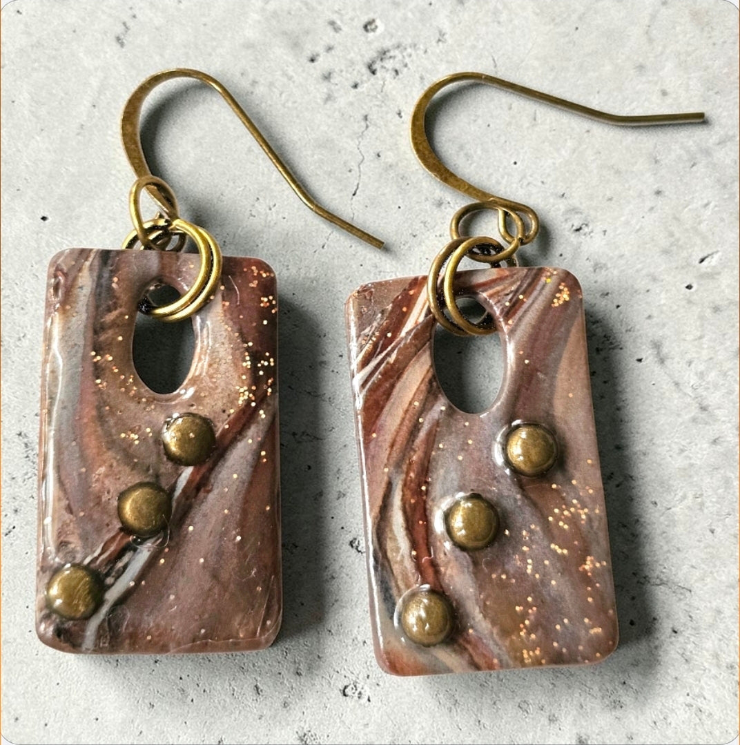 Marbled Clay & Bronze Metal Dangle Earrings