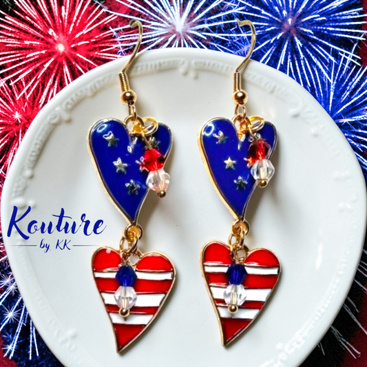 4th of July Heart Earrings | American Flag Double Heart Dangle Earrings