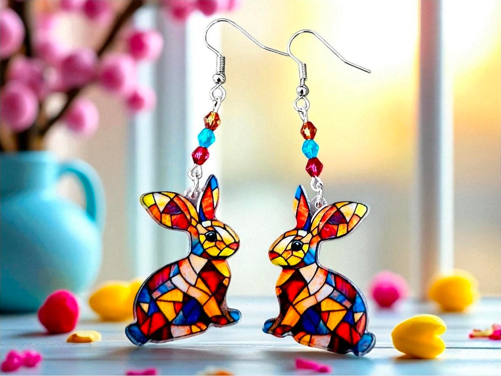 Rabbit Stained Glass Earrings - Colorful Mosaic Bunny with Crystal Beads, Sterling Silver Hooks