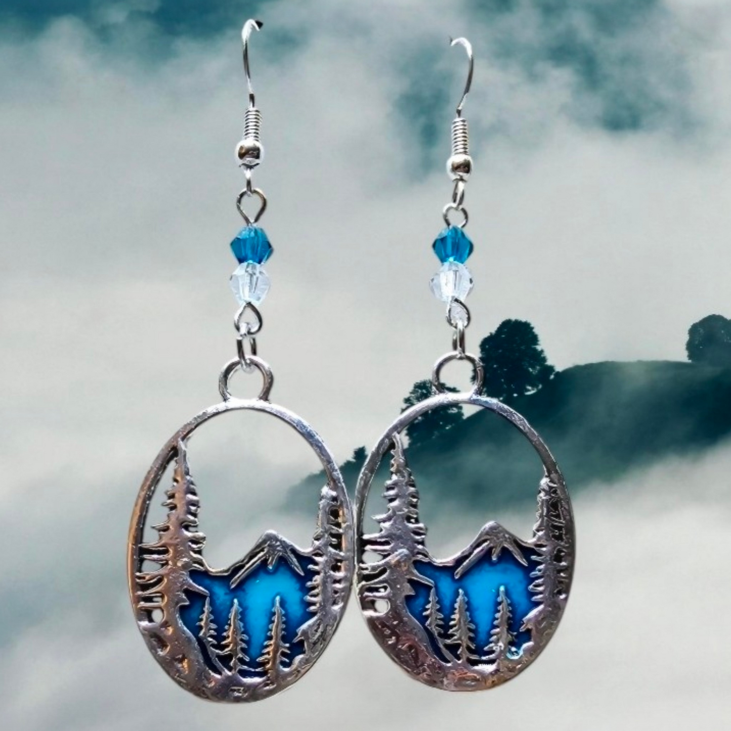 Mountain Scene Oval Dangle Earrings – Crystal Blue Resin & Silver with Crystal Bead Accents