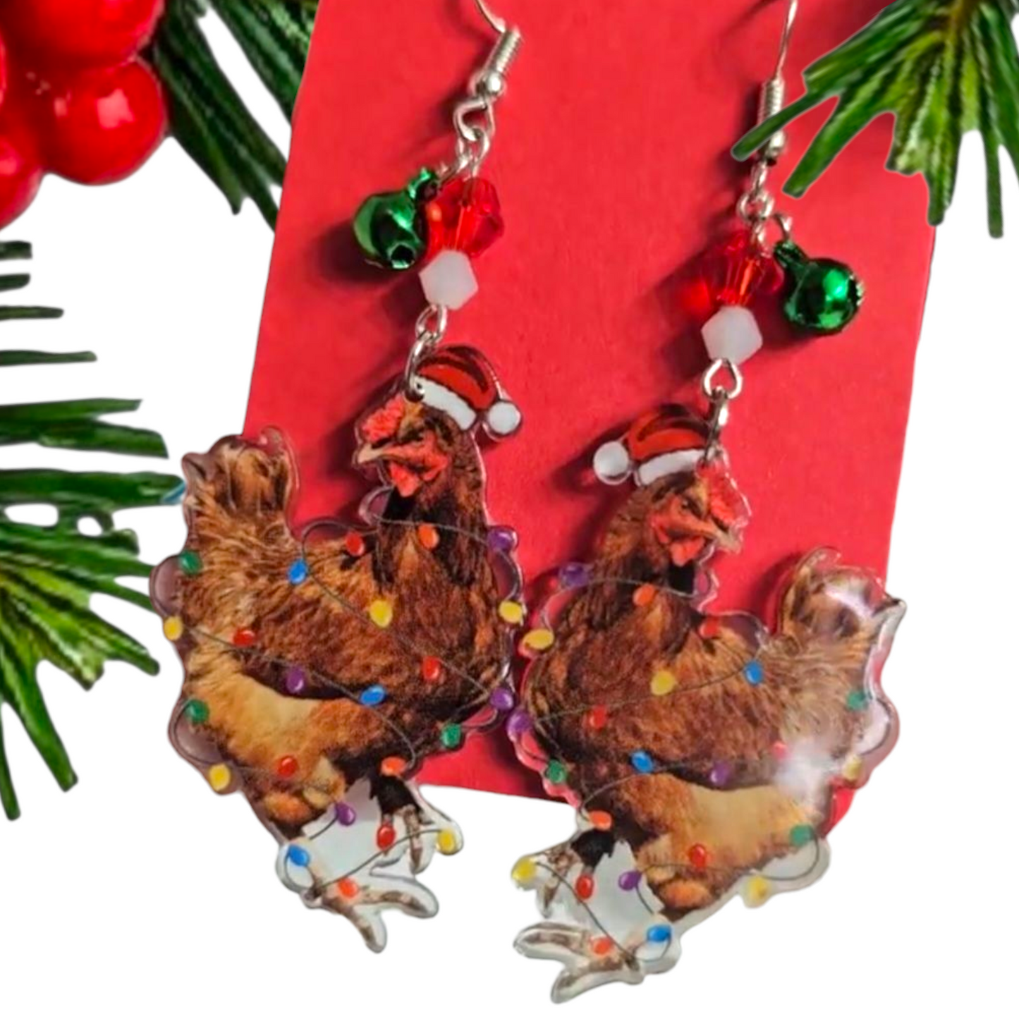 Santa Chicken Christmas Earrings – Festive Farmhouse Holiday Jewelry