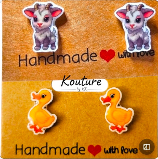 Handmade Acrylic Animal Post Earrings - Duck or Baby Goat