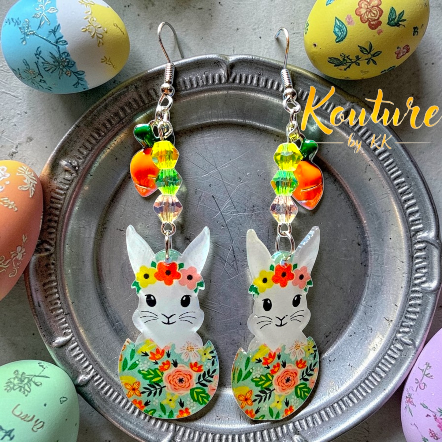Easter Bunny Earrings - Floral Bunny with Carrot & Crystal Beads, Easter Jewelry