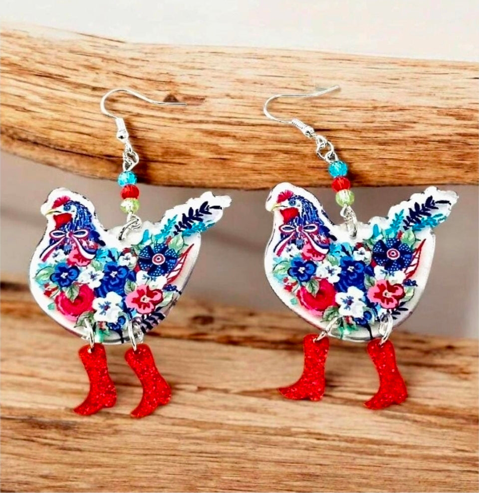 Floral Chicken in Boots — Double-Sided Acrylic Dangle Earrings with Crystal Beads