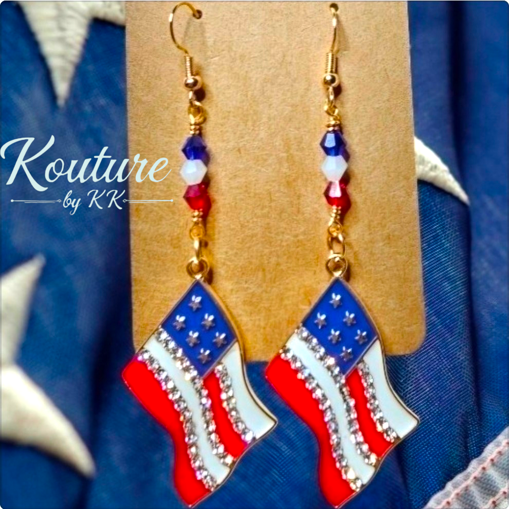 American Flag Rhinestone Earrings: Patriotic Crystal Bead Jewelry