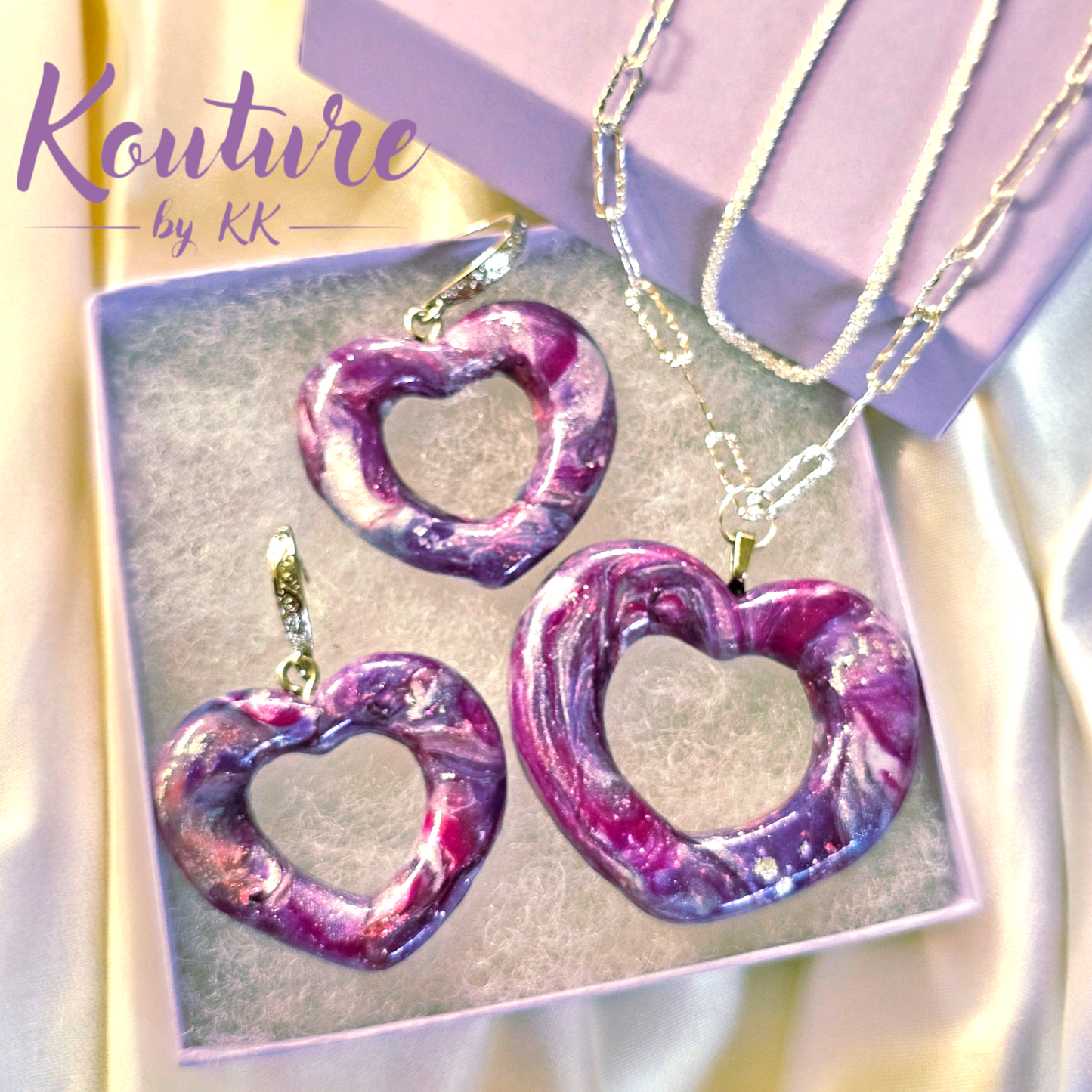 Purple Galaxy Heart Set – Hand-Sculpted Polymer Clay Necklace & Earrings with Silver Foil | One of a Kind Artisan Jewelry