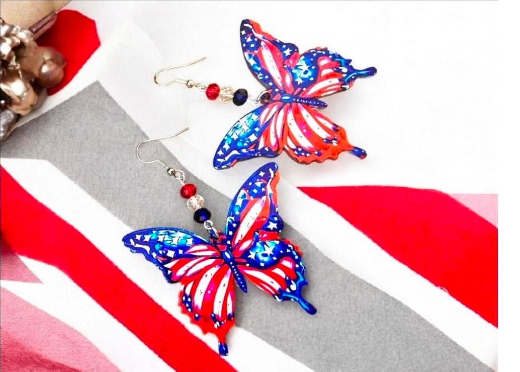 Patriotic Butterfly Earrings – Acrylic & Resin with Crystal Beads