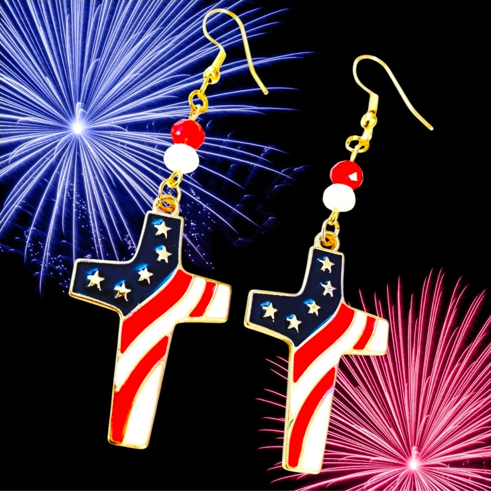 American Flag Cross Earrings – Patriotic USA Enamel Dangles with Crystal Beads & 18K Gold Hooks