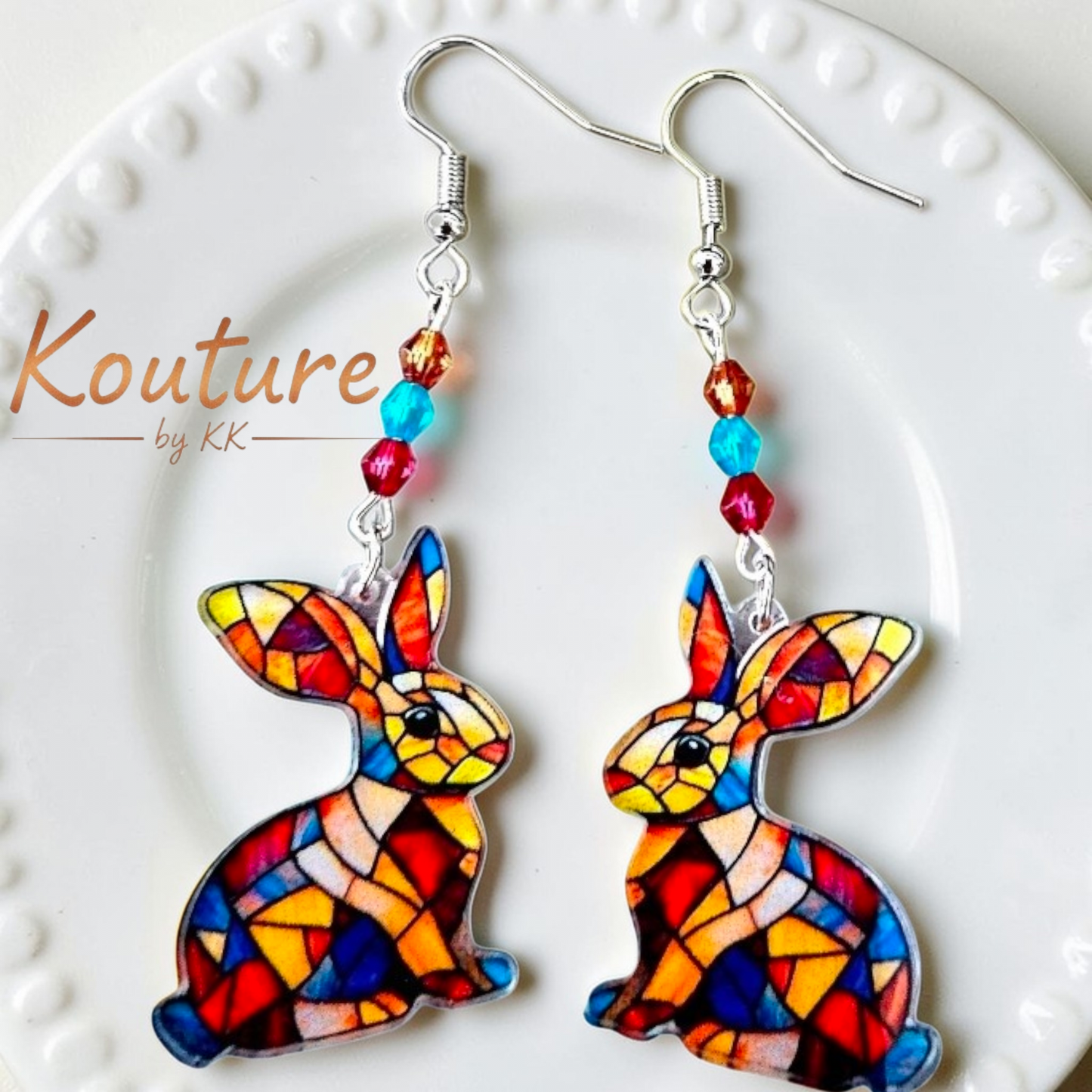 Rabbit Stained Glass Earrings - Colorful Mosaic Bunny with Crystal Beads, Sterling Silver Hooks