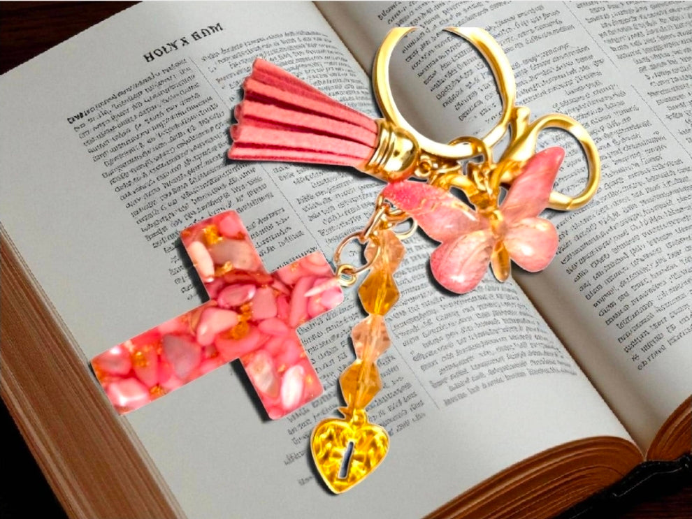 Faith Cross Keychain - Pink Teal | Handcrafted with Gold Leaf & Crystal Beads (Copy)